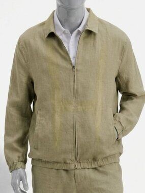 Club Room Men Green Linen Zip-Front Bomber Jacket Coat Size XL